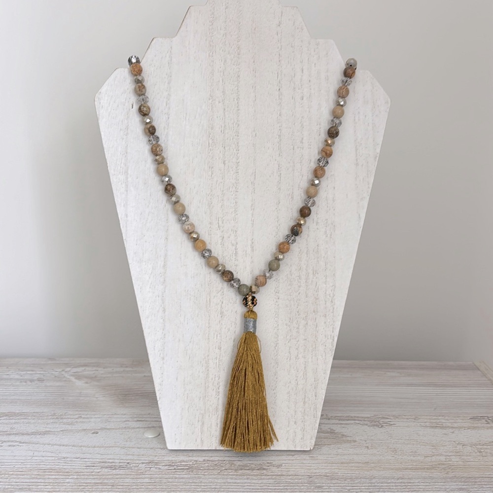 Handmade Beaded Necklace with Mustard Tassel